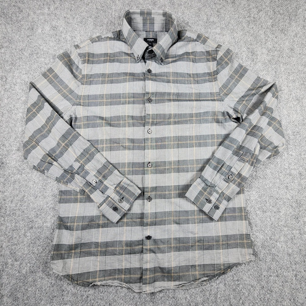 Express Slim 1MX Mens Medium Grey Plaid Button Down Shirt Long SleeveCottonBlend